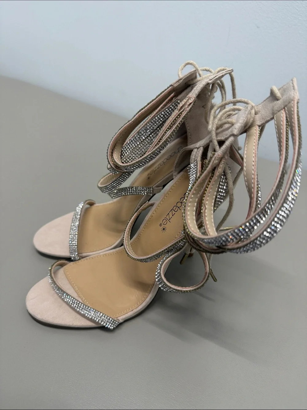 Shoe Dazzle Blush Nude Rhinestone Lace-Up Heels